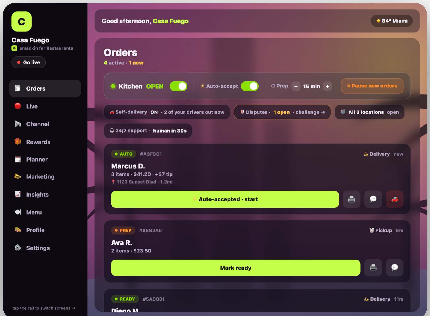 smackin for Restaurants — the live orders dashboard on iPad